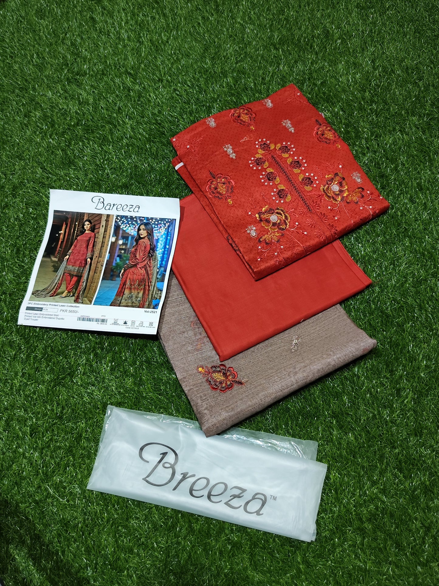 Bareeza 3PC Embroidered Lawn Suit - Design #04 (Vol-2521) | Warm Rust & Taupe Luxury Ensemble